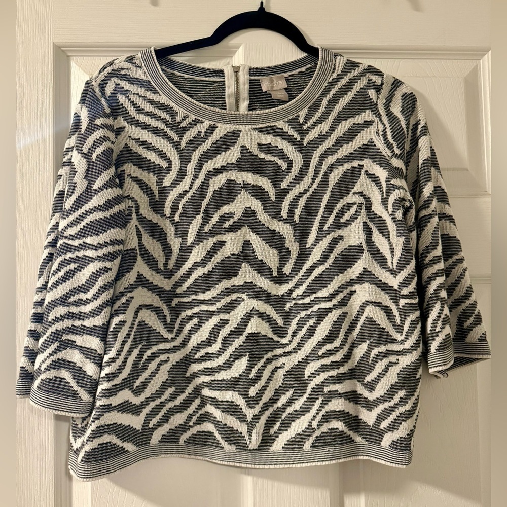 Chico’s Petite Zebra-Print Zip-Back Jacquard Sweater Black & White Super Soft!